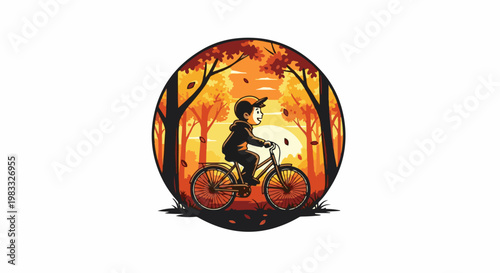 Boy cycling through a vibrant autumnal forest at sunset