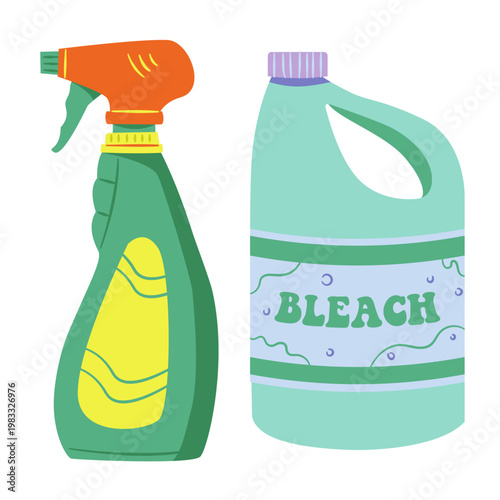 Household Cleaning Products Spray Bottle and Bleach Gallon