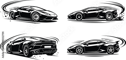 Sports car drift vector set, fast supercar speed motion illustrations