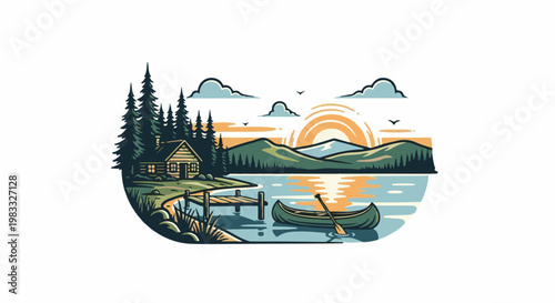 Rustic cabin and canoe on a serene lake at sunset