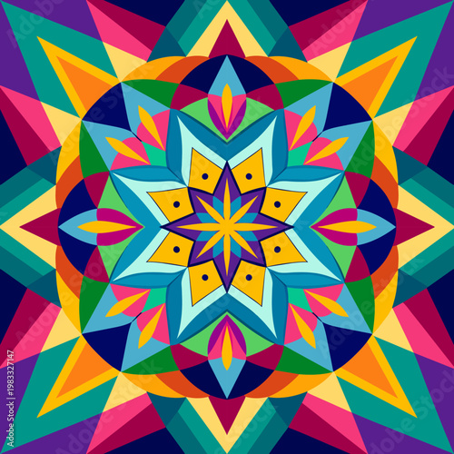 Geometric mandala pattern with symmetrical shapes in vibrant colors like blue, green, yellow, pink, and purple, in a flat vector style.