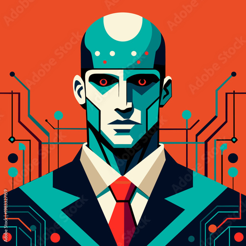 A low-poly vector portrait of an android man in a suit with red eyes and glowing circuits, against an orange background.