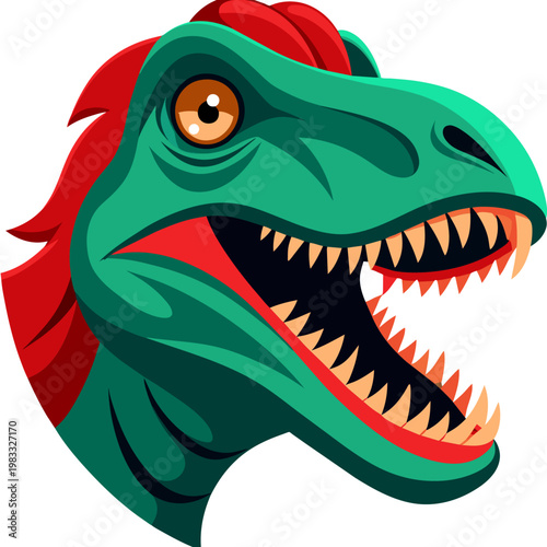 A vibrant, graphic illustration of a Tyrannosaurus Rex head with a striking red crest, captured in profile against a white background.
