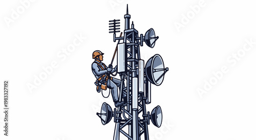 A worker in safety gear climbs a communication tower with antennas and dishes
