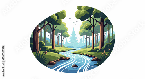 A winding forest stream flows through a lush, green woodland with tall trees