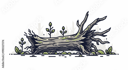 Fallen log with moss and new sprouts in a forest clearing