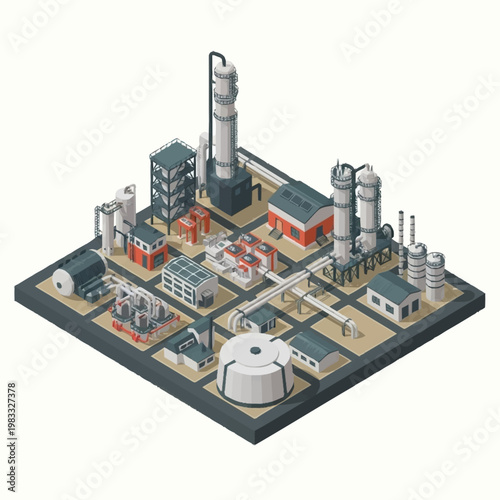 Isometric illustration of a modern industrial chemical plant with various structures and pipelines.