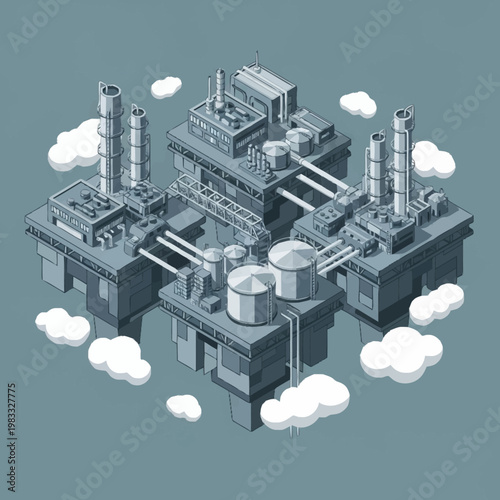 Isometric illustration of a complex industrial oil rig platform with multiple structures and smokestacks floating among clouds.