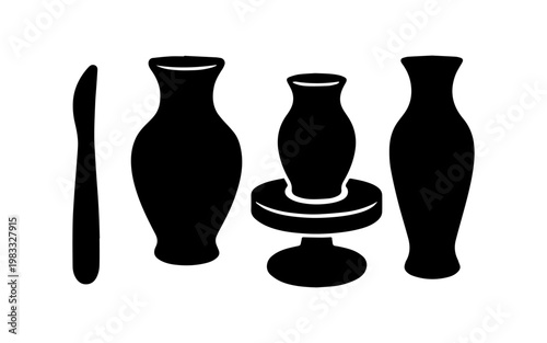 Pottery art tools and ceramic vases silhouettes