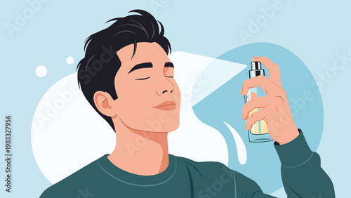Handsome young man closing his eyes and spraying refreshing perfume or cologne on his face for daily grooming.