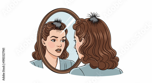 A woman with curly brown hair looks concernedly into a mirror at a stray hair