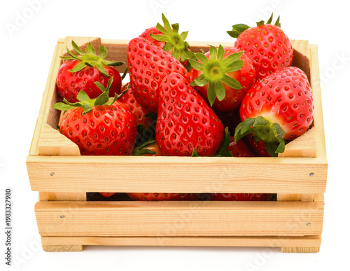 Wooden Crate with Fresh Strawberries Isolated on White Background

Description: