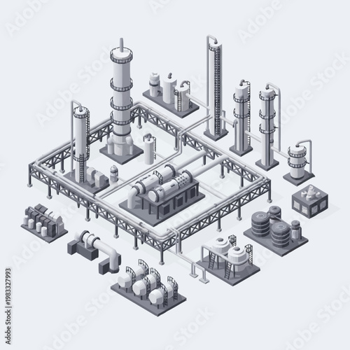 Isometric illustration of a modern industrial oil refinery complex with towers and pipelines.
