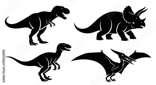 Dinosaur Silhouettes Set: Tyrannosaurus Rex, Triceratops, Raptor, and Pterodactyl Icons
