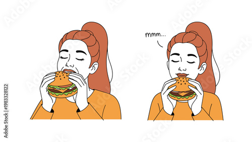 Cheerful young woman with red hair closing her eyes and enjoying a delicious large burger for lunch or dinner.