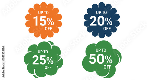 Colorful discount badges collection 15 20 25 and 50 off sales promotions