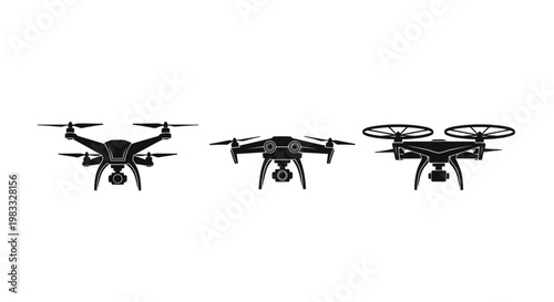Black and white silhouette of three different drone models