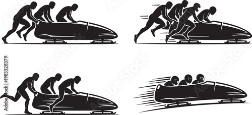 Bobsled team race icons with competition athletes championship downhill endurance illustration intensity