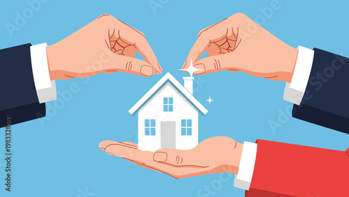 Several business hands collaborating to support and build a small white house against a clear blue background, representing real estate.