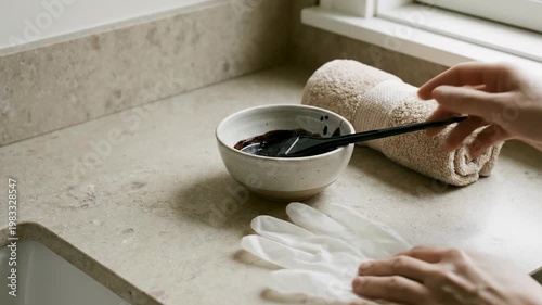 Woman mixing dark hair dye in a ceramic bowl with a brush on a stone countertop in a bright bathroom
