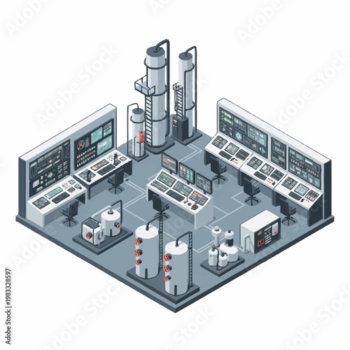 Isometric view of a modern industrial control room and processing plant with advanced technology.