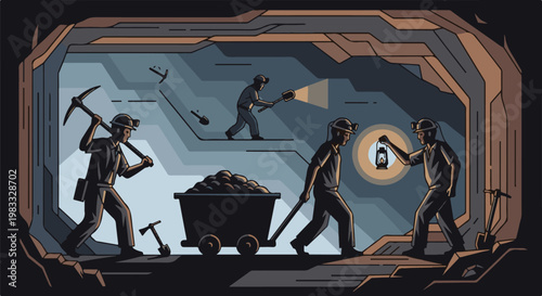 Miners working in a dark cave with tools and a cart of ore