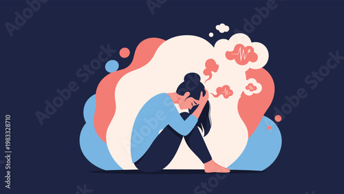 Depressed woman sitting alone on the ground with her head in her hands amidst abstract shapes representing mental health and sadness.