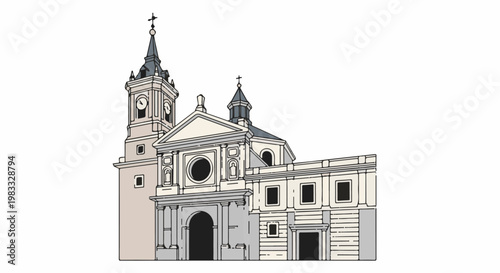 Ornate religious building with a prominent clock tower and arched entrance