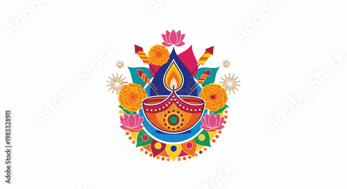A vibrant, colorful illustration with a traditional oil lamp and festive elements