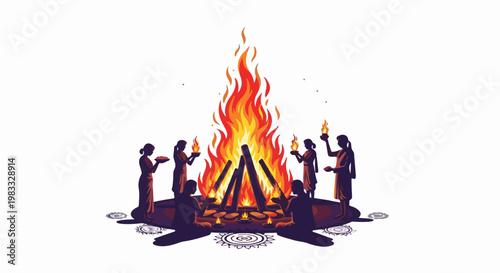 People gathered around a large bonfire, holding flames and offering items