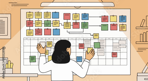 Person arranging colorful sticky notes on a planning board