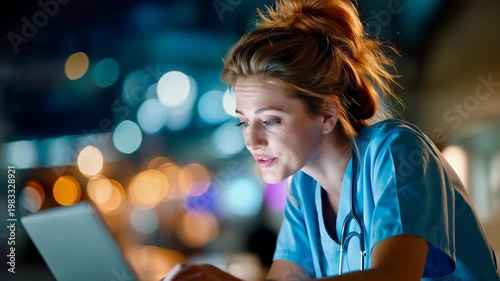 Smiling nurse using laptop at night, modern healthcare communication and digital medical workflow concept