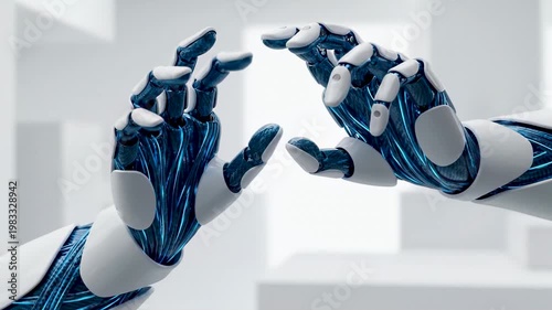 Two robotic hands reaching out toward each other against a clean white minimalist architectural background