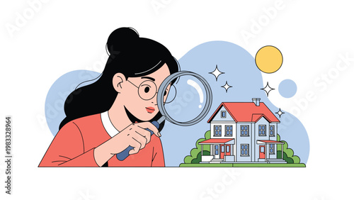 Young woman wearing glasses using a large magnifying glass to inspect a miniature model house, representing a detailed real estate search.
