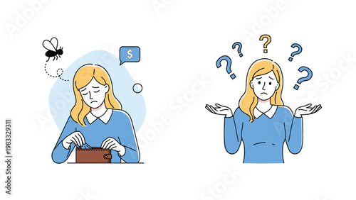 Two panel illustration showing a woman looking sadly at her empty wallet with a fly and then appearing confused with question marks.