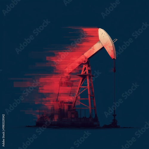 Dark atmospheric silhouette of nodding donkey oil pump in red