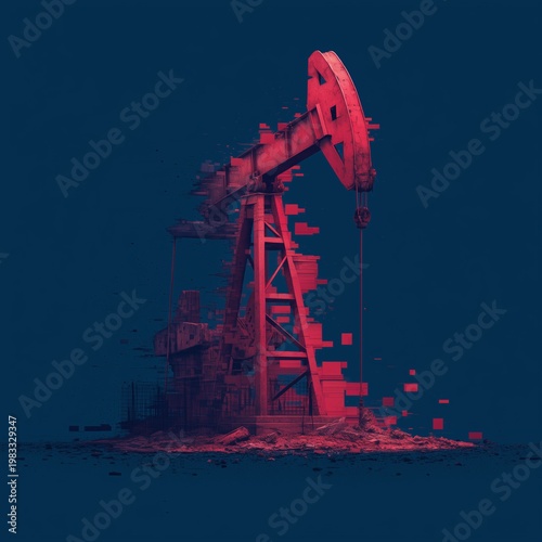 Red oil pump jack with digital glitch effect on blue background