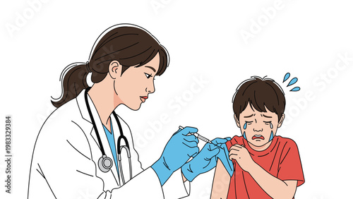 Professional female doctor in a white lab coat gently administering a vaccine to a crying young boy at a medical clinic for children.