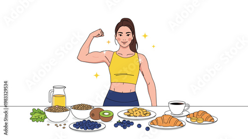 Strong and fit young woman flexing her muscles behind a table filled with various healthy foods including fruits, berries, and cereal.