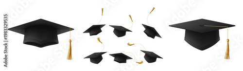 Set of Realistic Graduation Caps or Mortarboards. Vector falling Graduation university or college black caps. 3d element for design of graduation of college, school, university or degree ceremony.