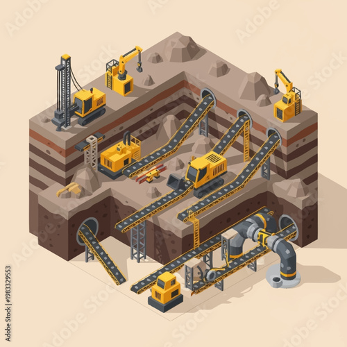 Isometric illustration of an open-pit mine with excavators, conveyor belts, and drilling machines.