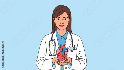 Female doctor in a white lab coat holding a detailed anatomical model of a human heart, representing cardiology and medical expertise.