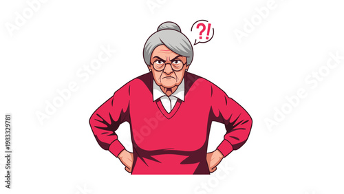 Stern and angry elderly woman with grey hair wearing a red sweater and standing with her hands on her hips while appearing very confused.