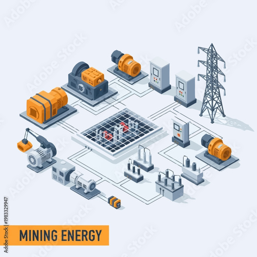 Modern Mining Energy System with Generators, Transformers, and Power Lines.