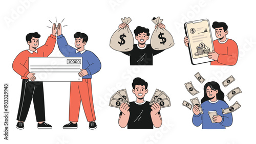 Collection of financial success illustrations featuring characters receiving a large check, holding bags of money, and celebrating wealth.