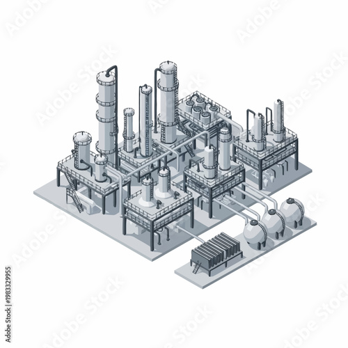 Isometric illustration of a complex industrial chemical processing plant with distillation towers and storage tanks.