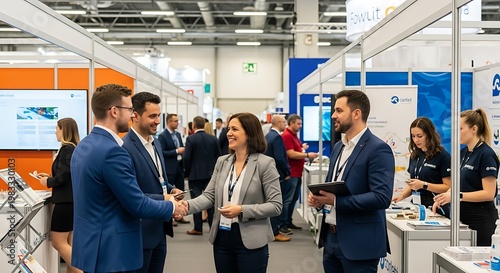 Business professionals networking at a trade show, shaking hands and discussing opportunities.