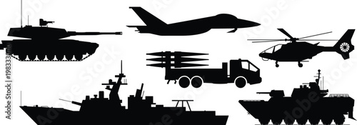 Military vehicles silhouettes, tank illustration, stealth bomber aircraft, combat helicopter silhouette, missile launcher truck, warship silhouette, armored personnel carrier, defense equipment grid