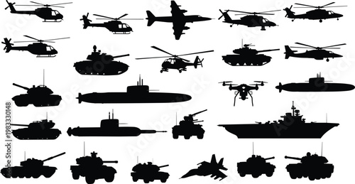 Military vehicles silhouettes, tanks, helicopters, submarines, drone, jet fighter, aircraft carrier, defense equipment illustration, armed forces icons, warfare concept