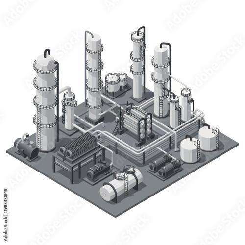 Isometric illustration of an industrial chemical processing plant with distillation columns and pipes.